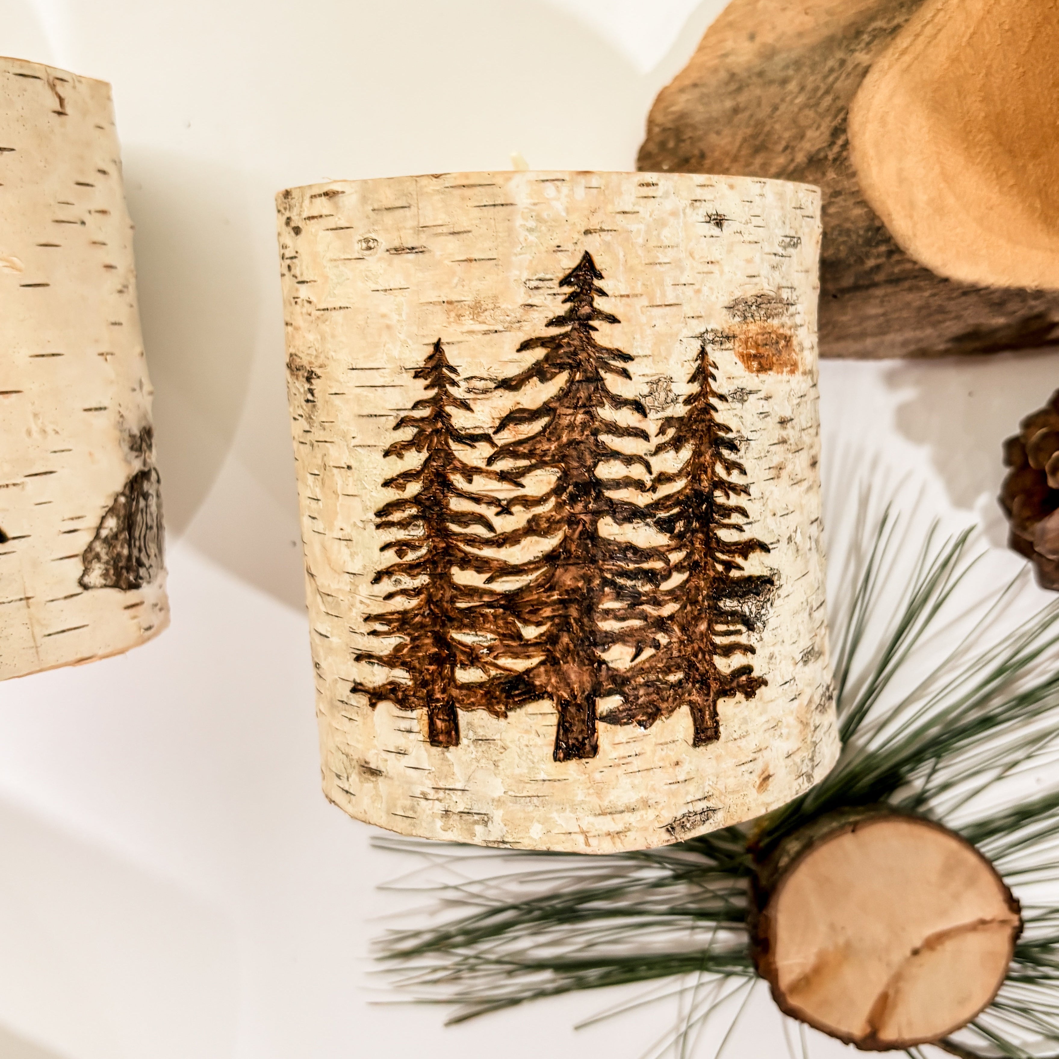 Handcrafted All Natural Birch Wood Candle - Pine Trees