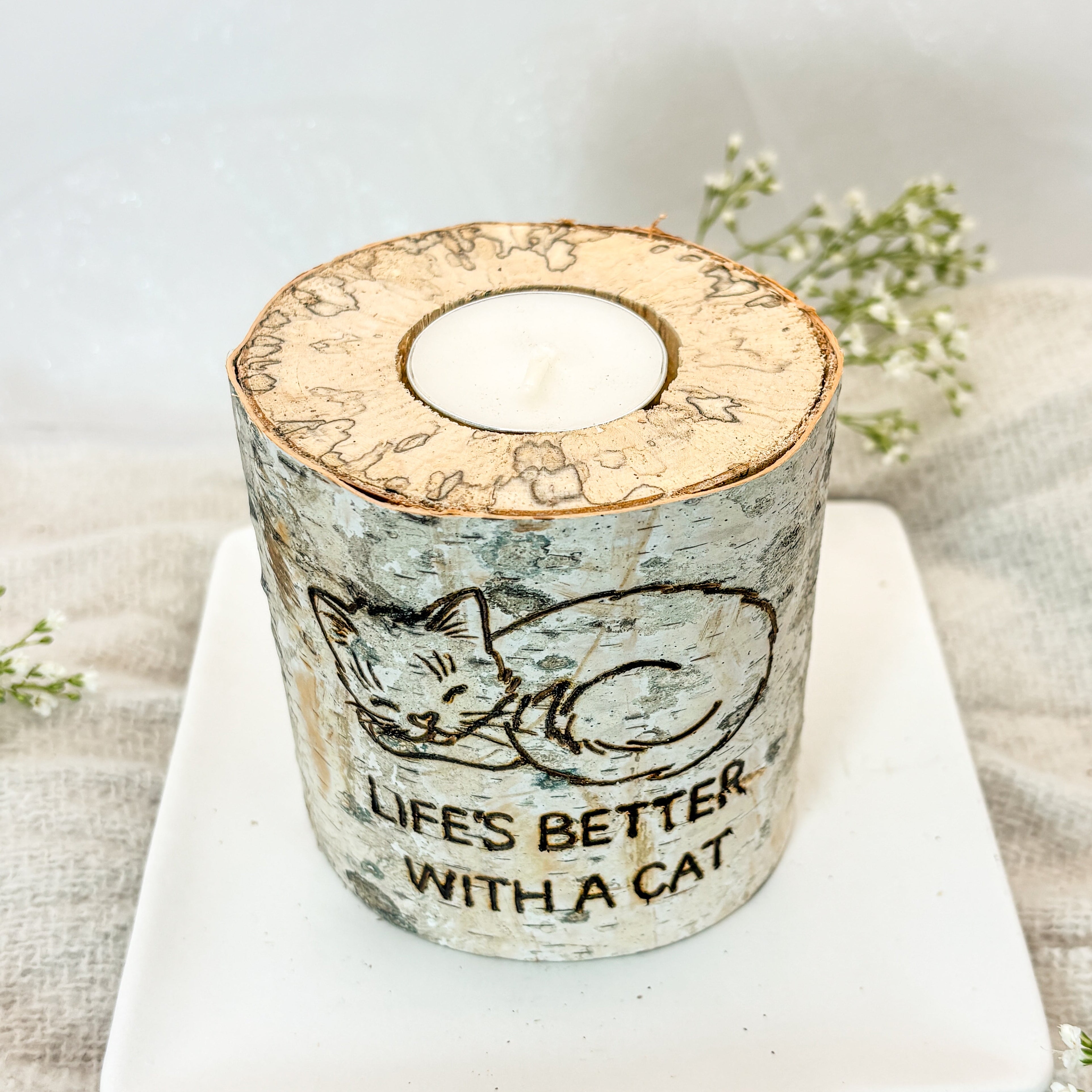 Handcrafted All Natural Birch Wood Candle - Cat Lover
