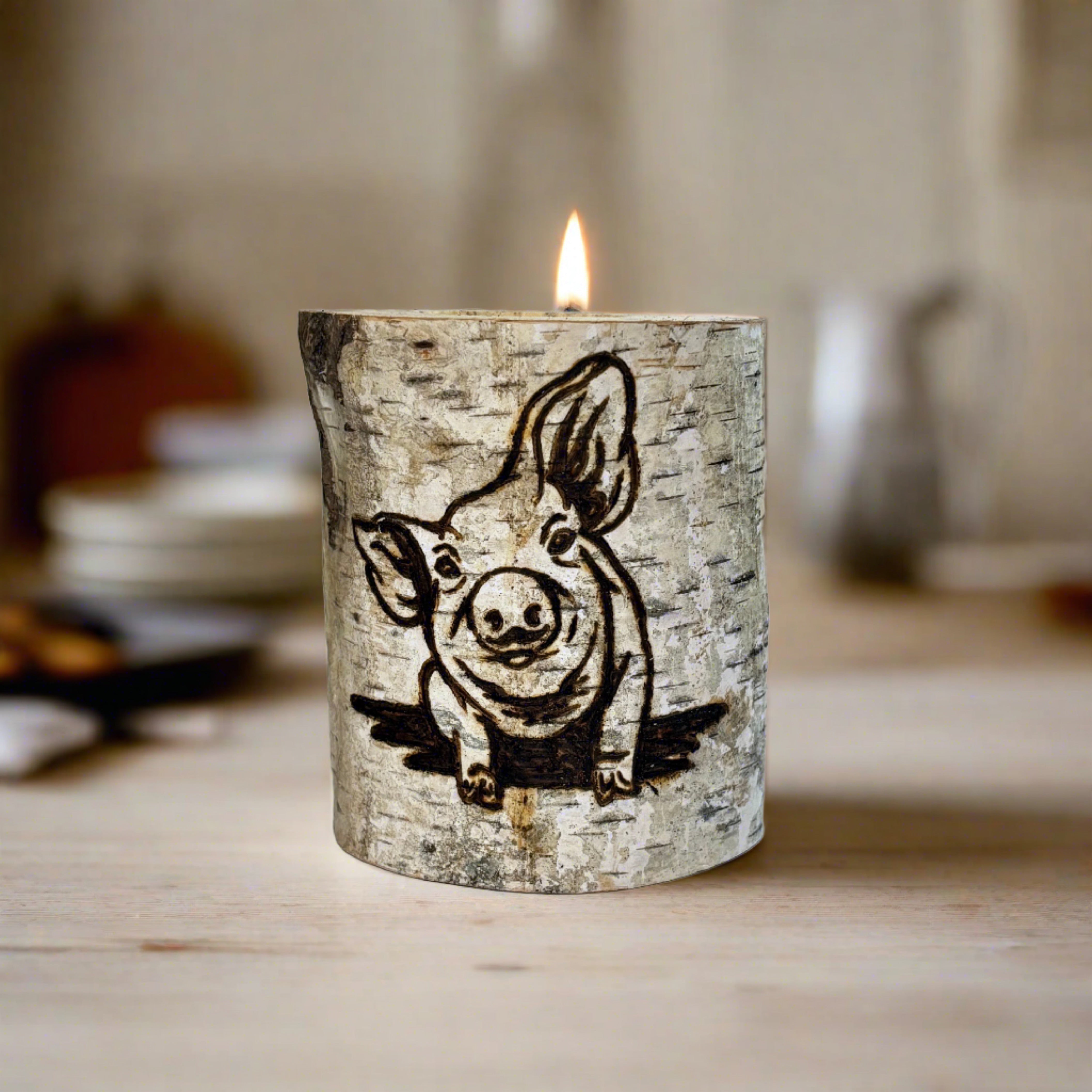 Handcrafted All Natural Birch Wood Candle - Pig