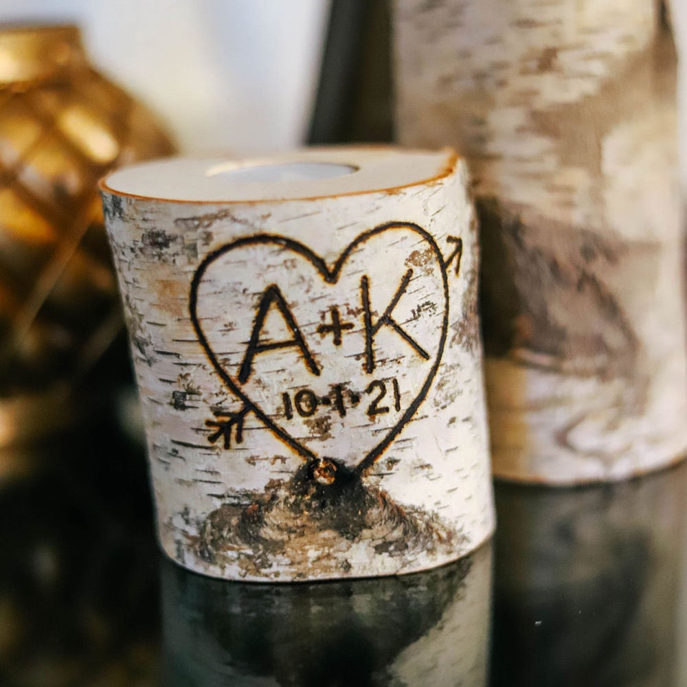 Personalized Birch Wood Candle Holder with Initials and Date in Heart