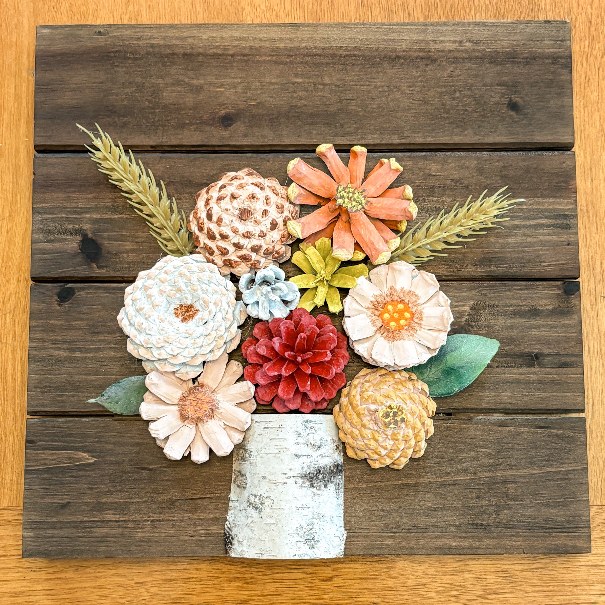 Nature-Inspired Flower Wall Art – Pinecone and Birch Handmade Piece