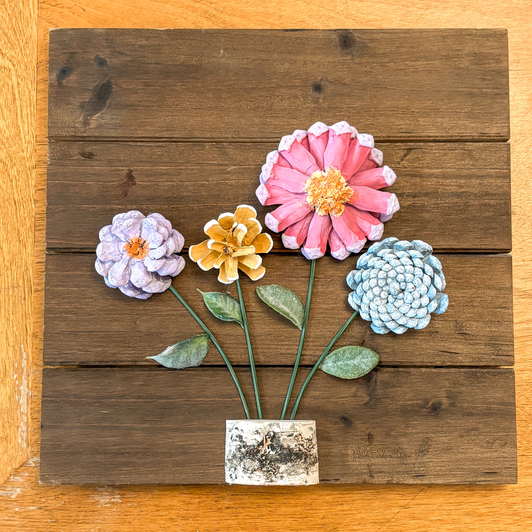 Nature-Inspired Flower Wall Art – Pinecone and Birch Handmade Piece
