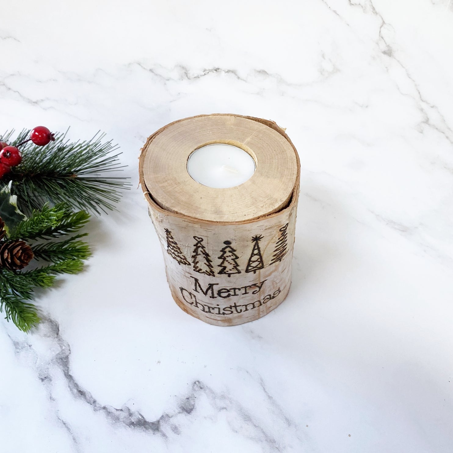 Handcrafted All Natural Birch Wood Candle - Merry Christmas Trees