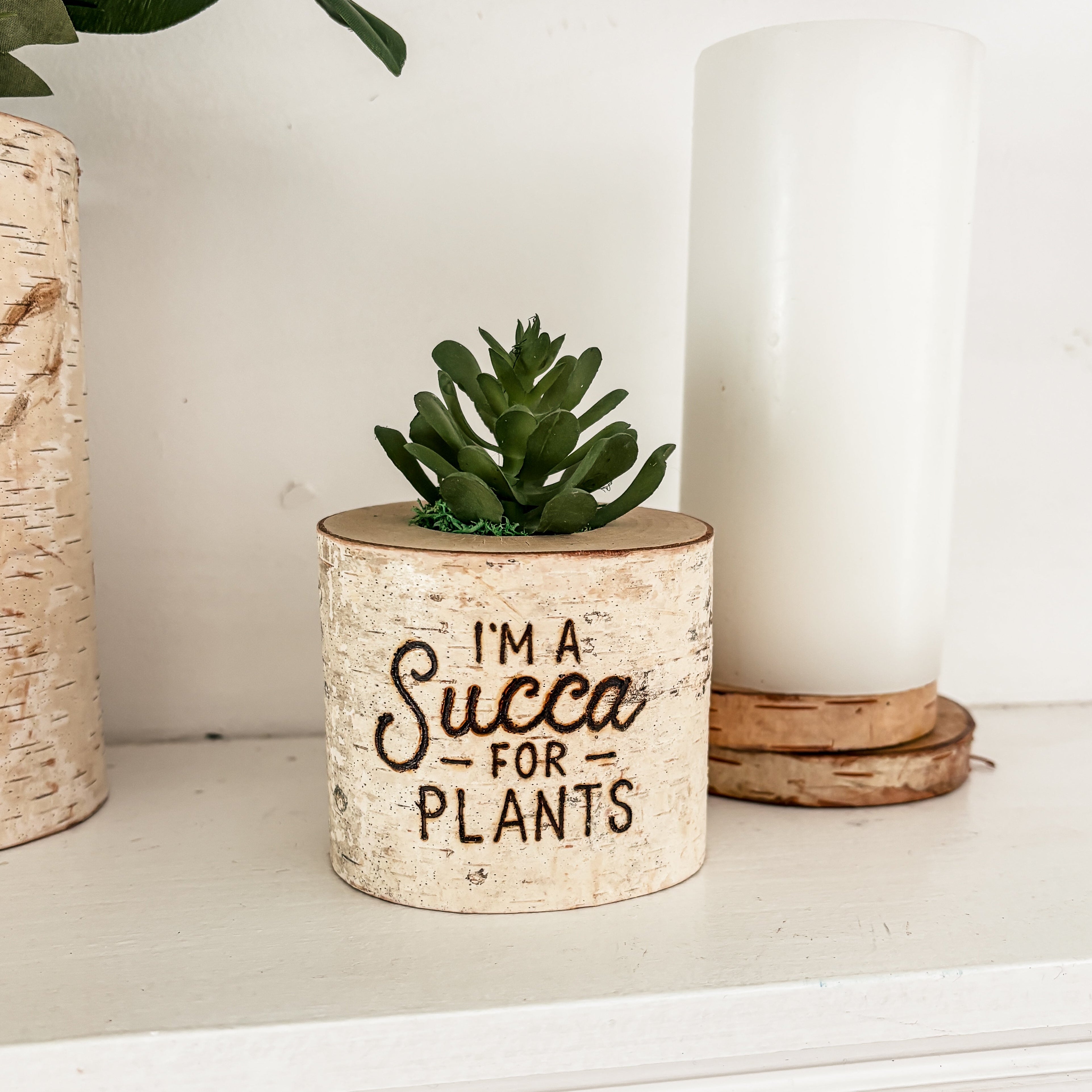 Small succulent plant in a pot with a humorous text on a white surface.