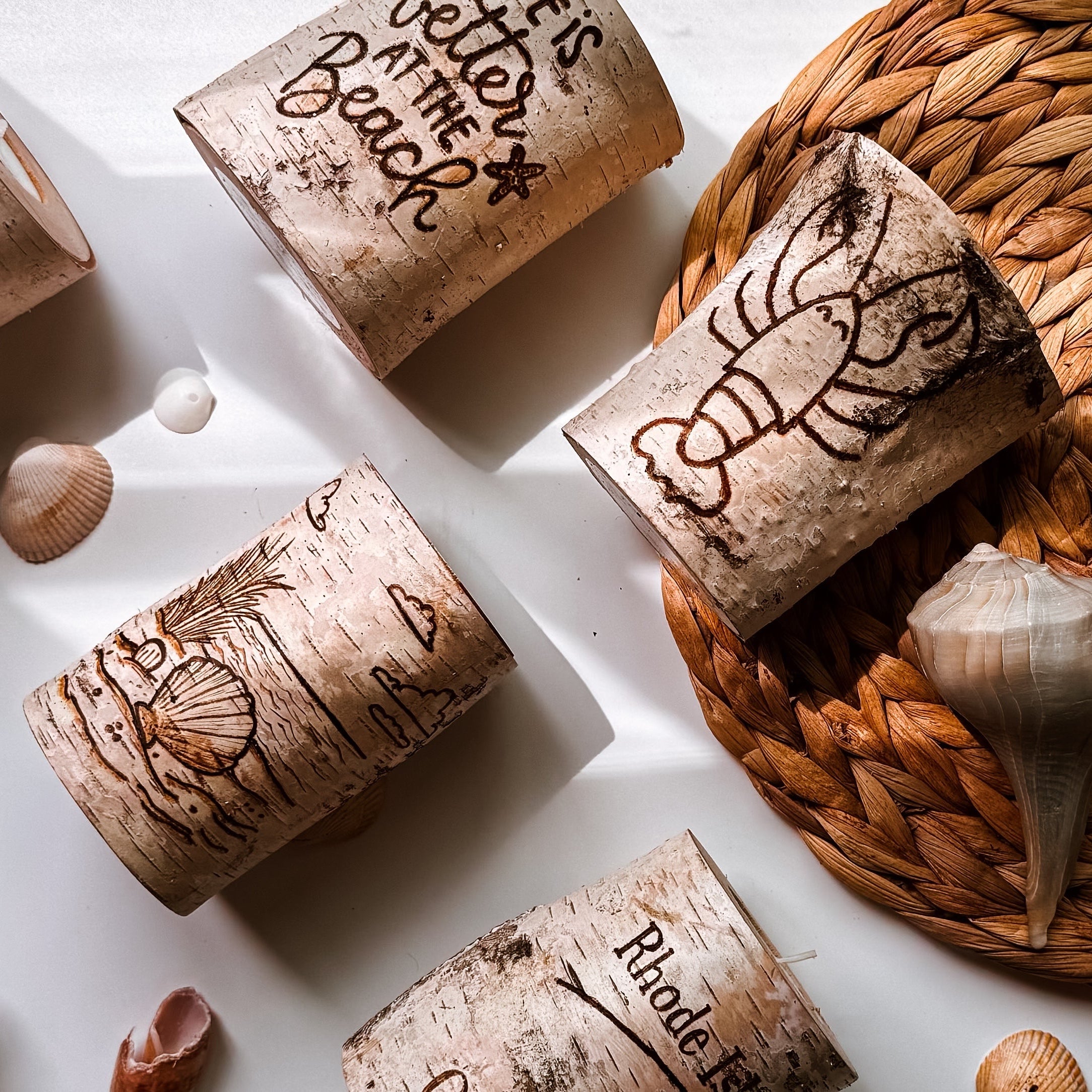 Decorative birch logs with engravings on a white surface with seashells and a woven mat.