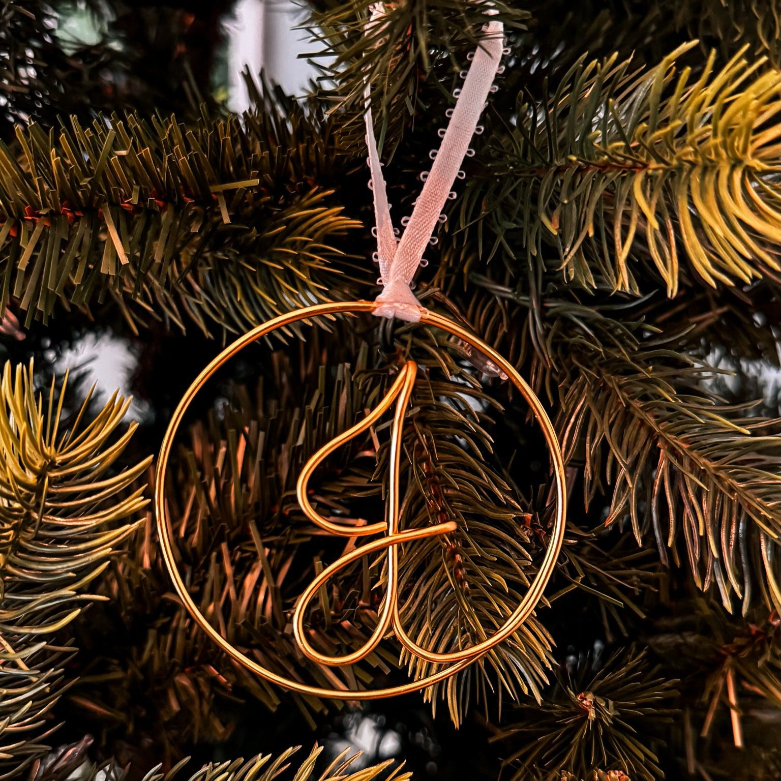 Decorative ornament with a circular design on a Christmas tree.