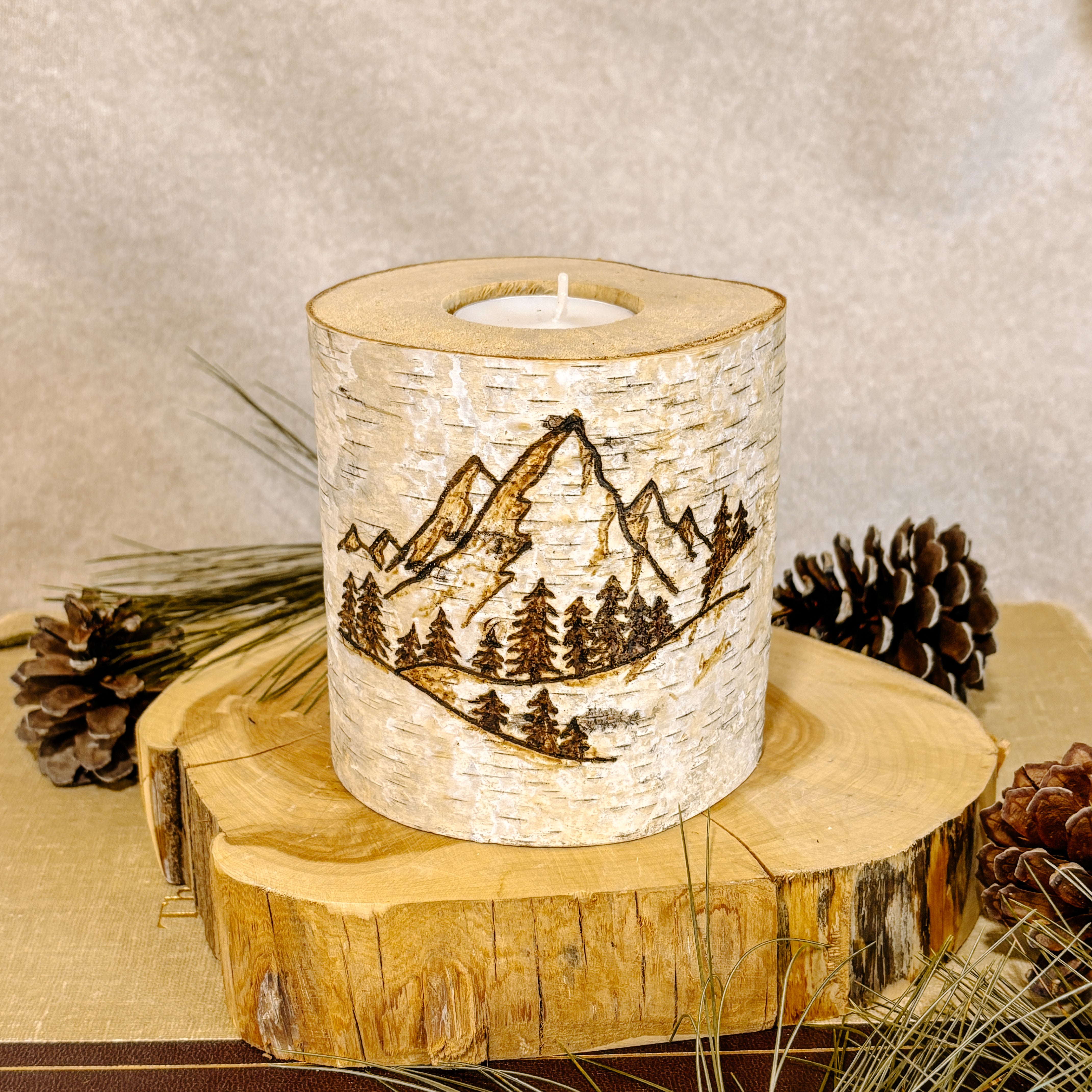 Handcrafted Birch Wood Candle Holder - Mountains