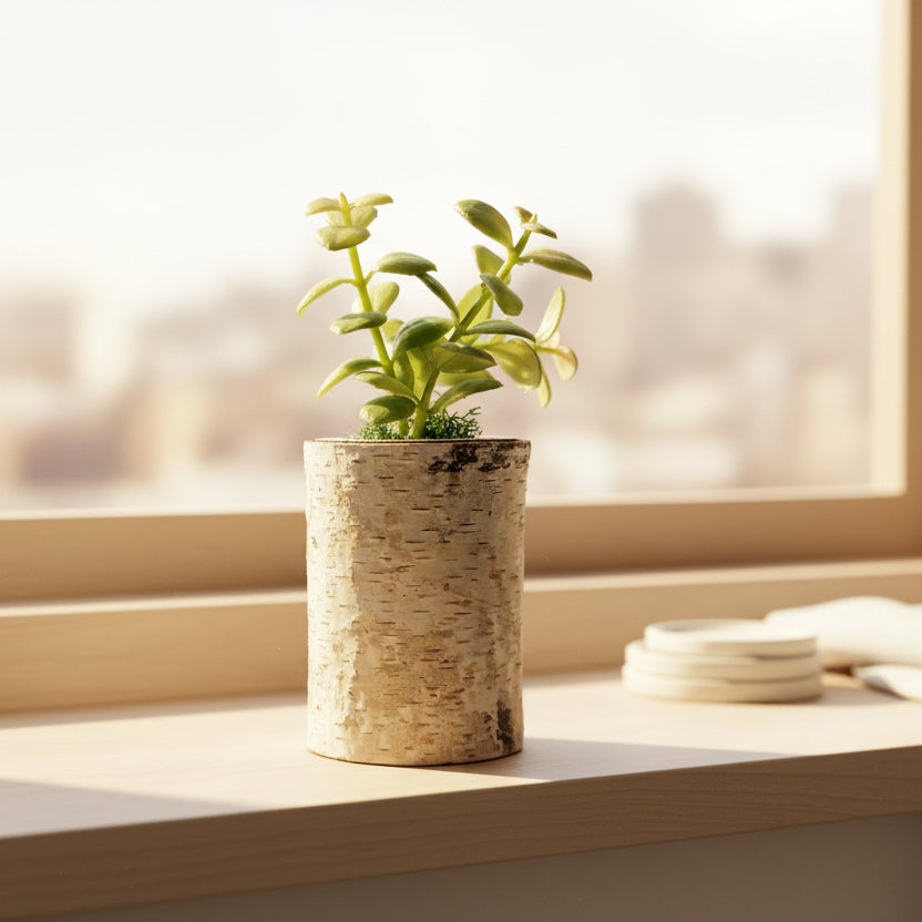 Birch Log Planter With Faux Plant