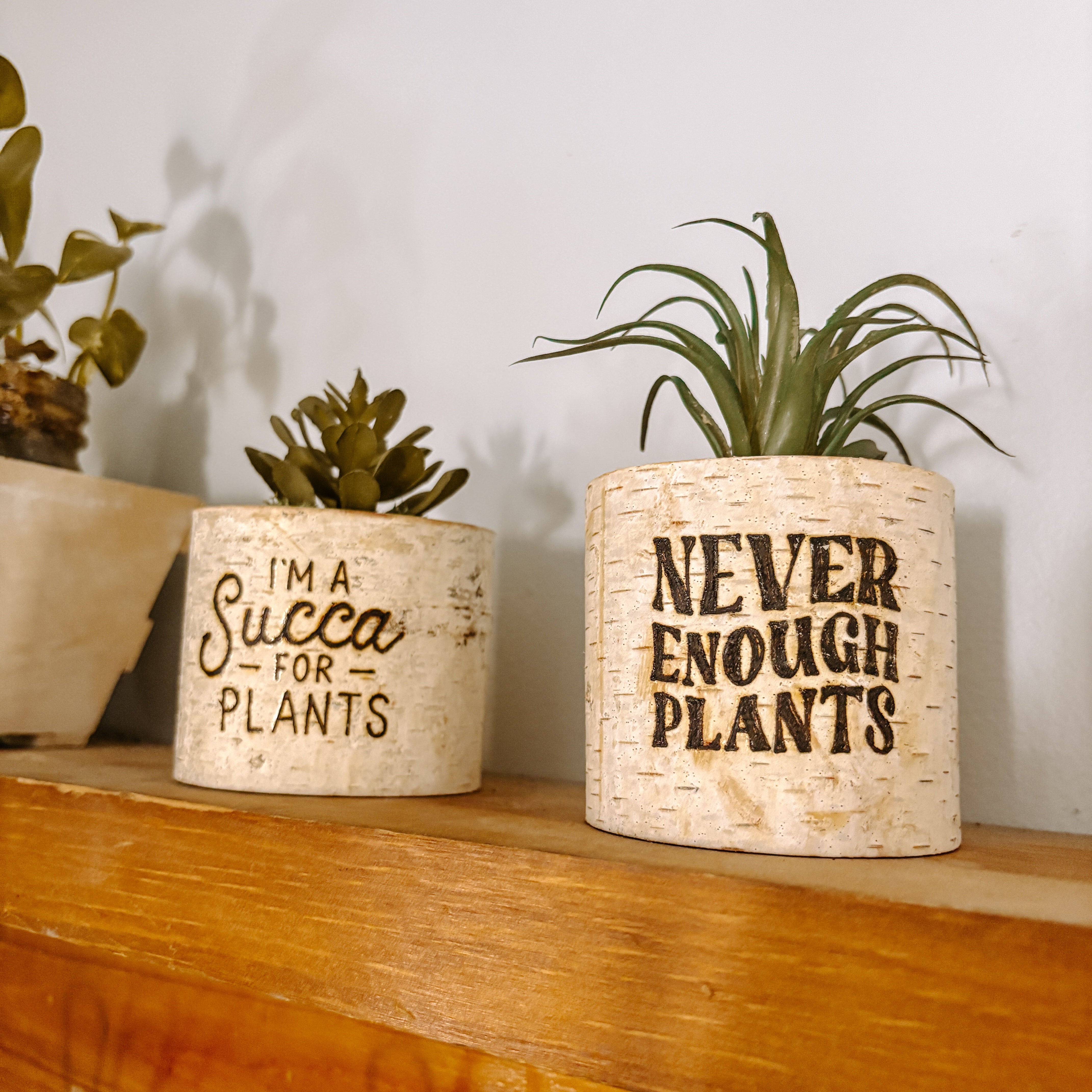 Two decorative planters with humorous text on a wooden surface.