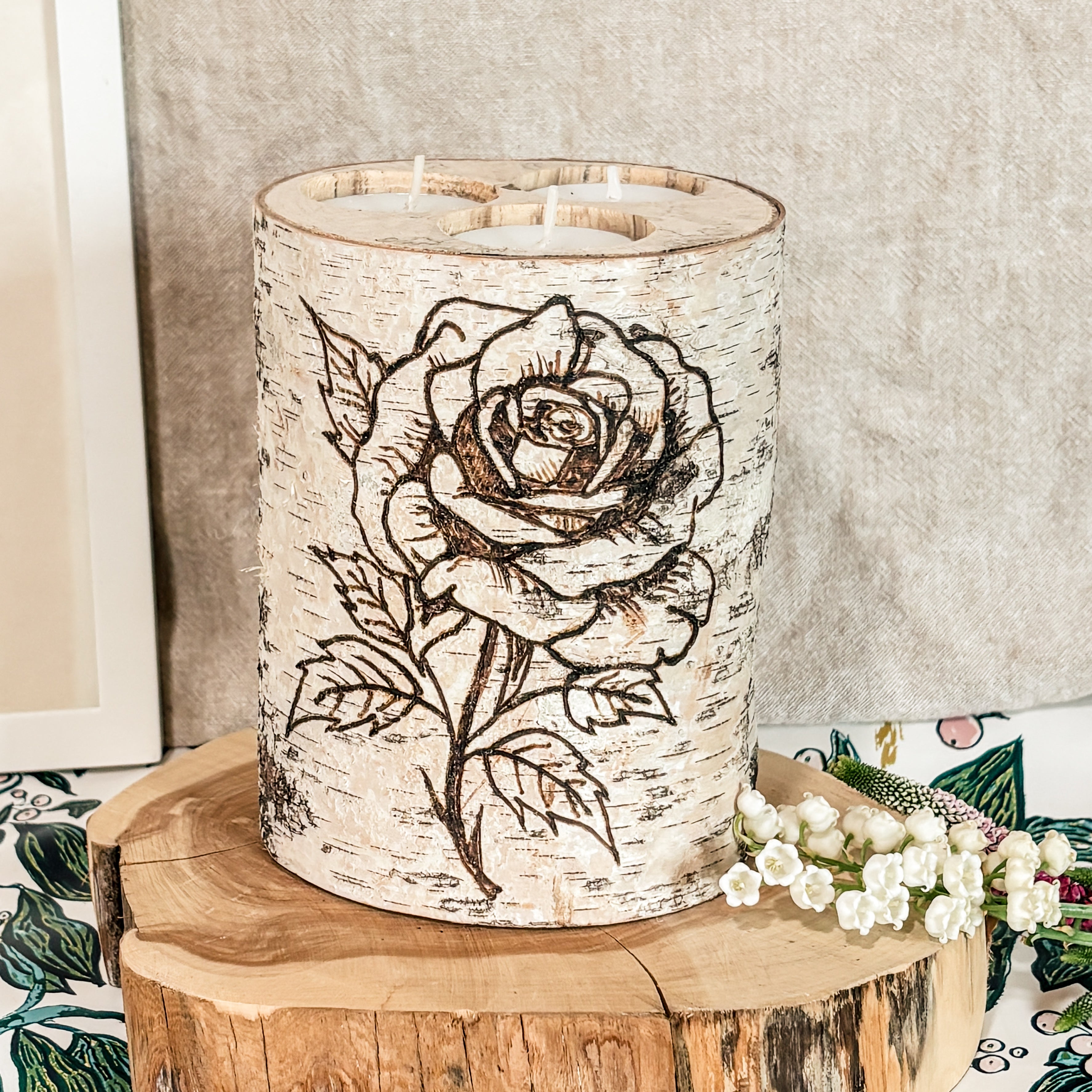 Handcrafted XL Birch Wood Candle Holder - Rose