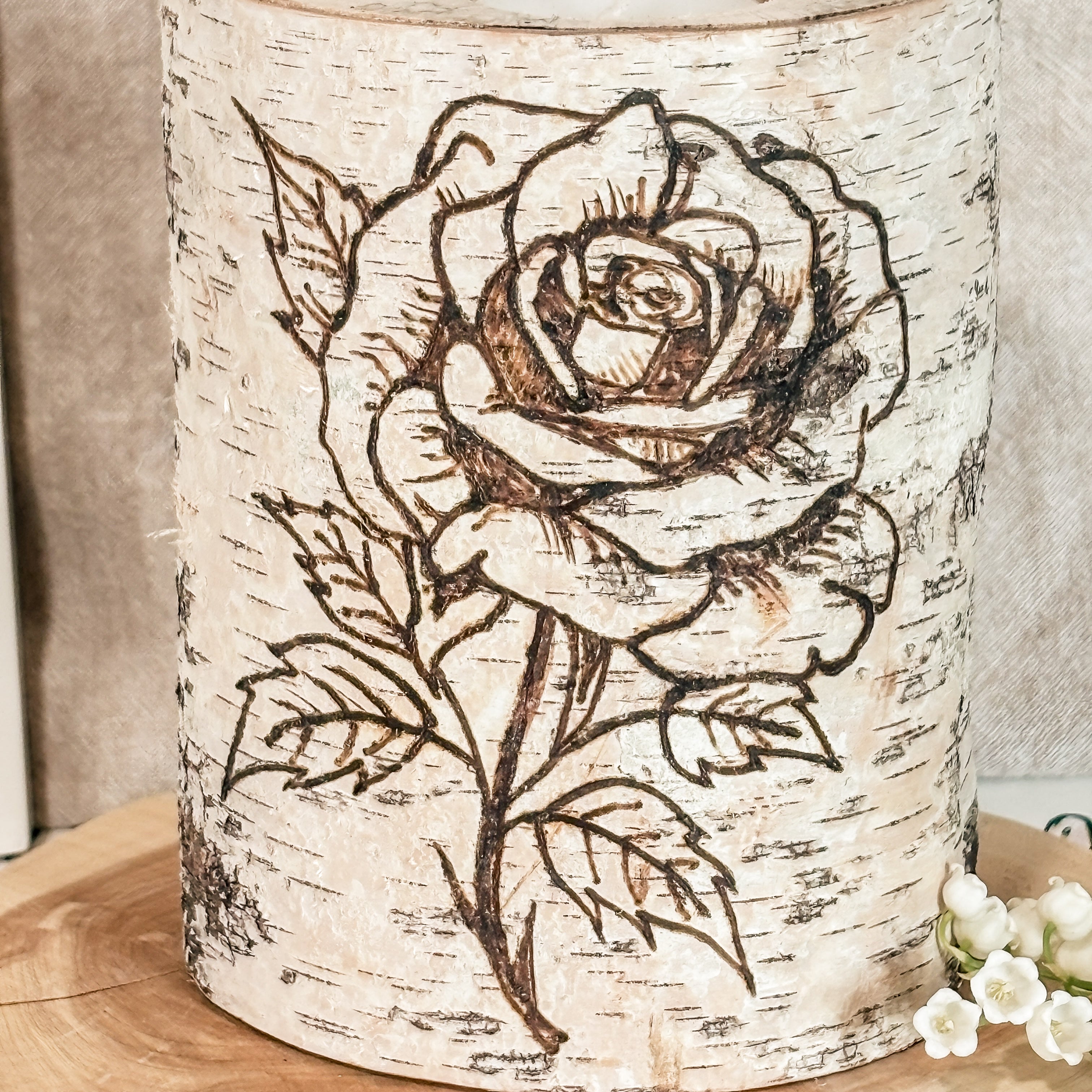 Handcrafted XL Birch Wood Candle Holder - Rose