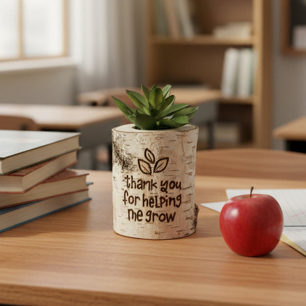 Birch bark planter with succulent and 'thank you for helping me grow' text on a teachers desk