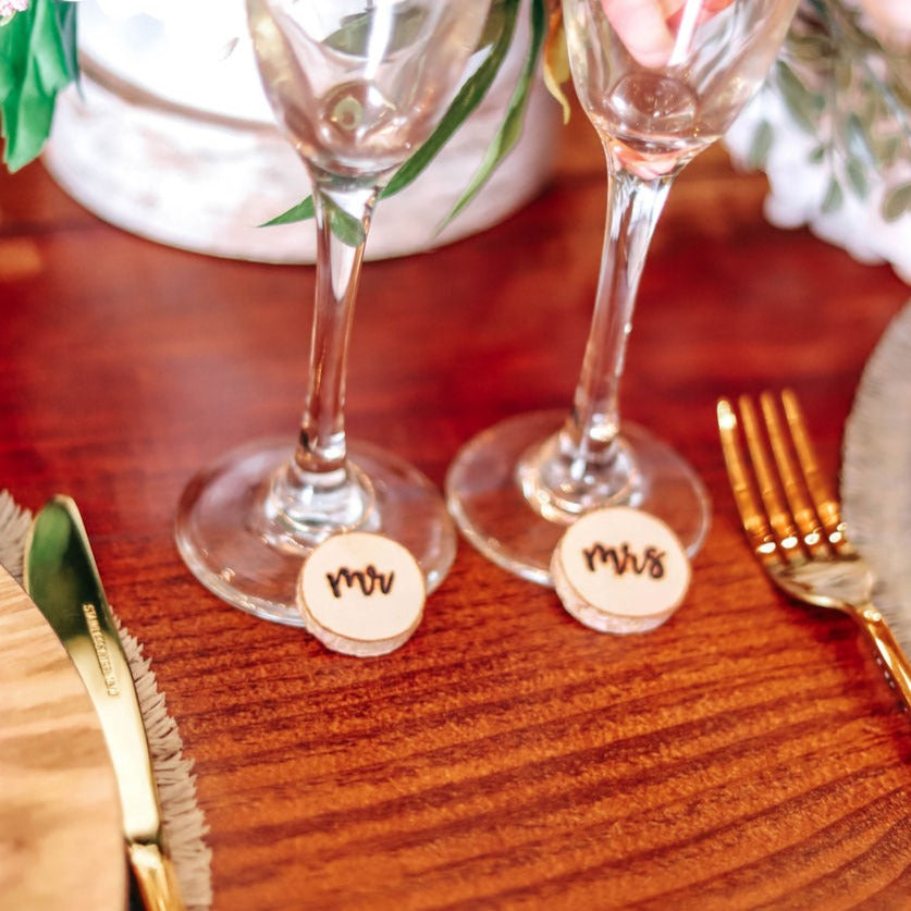 Wood Slice Mr and Mrs Wine Charms