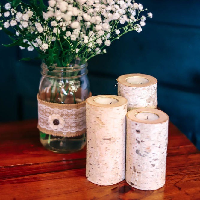 Set of Three Birch Wood Candle Holders