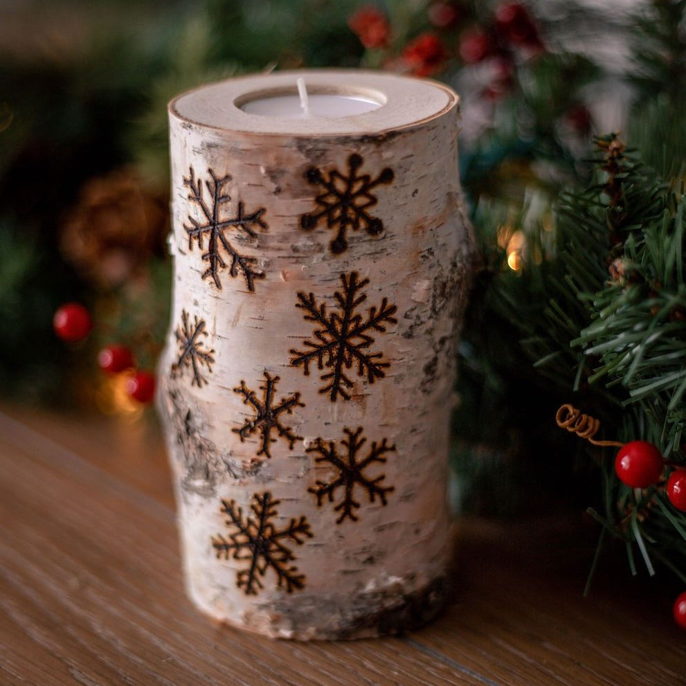 Snowflake Holiday Birch Wood Candle