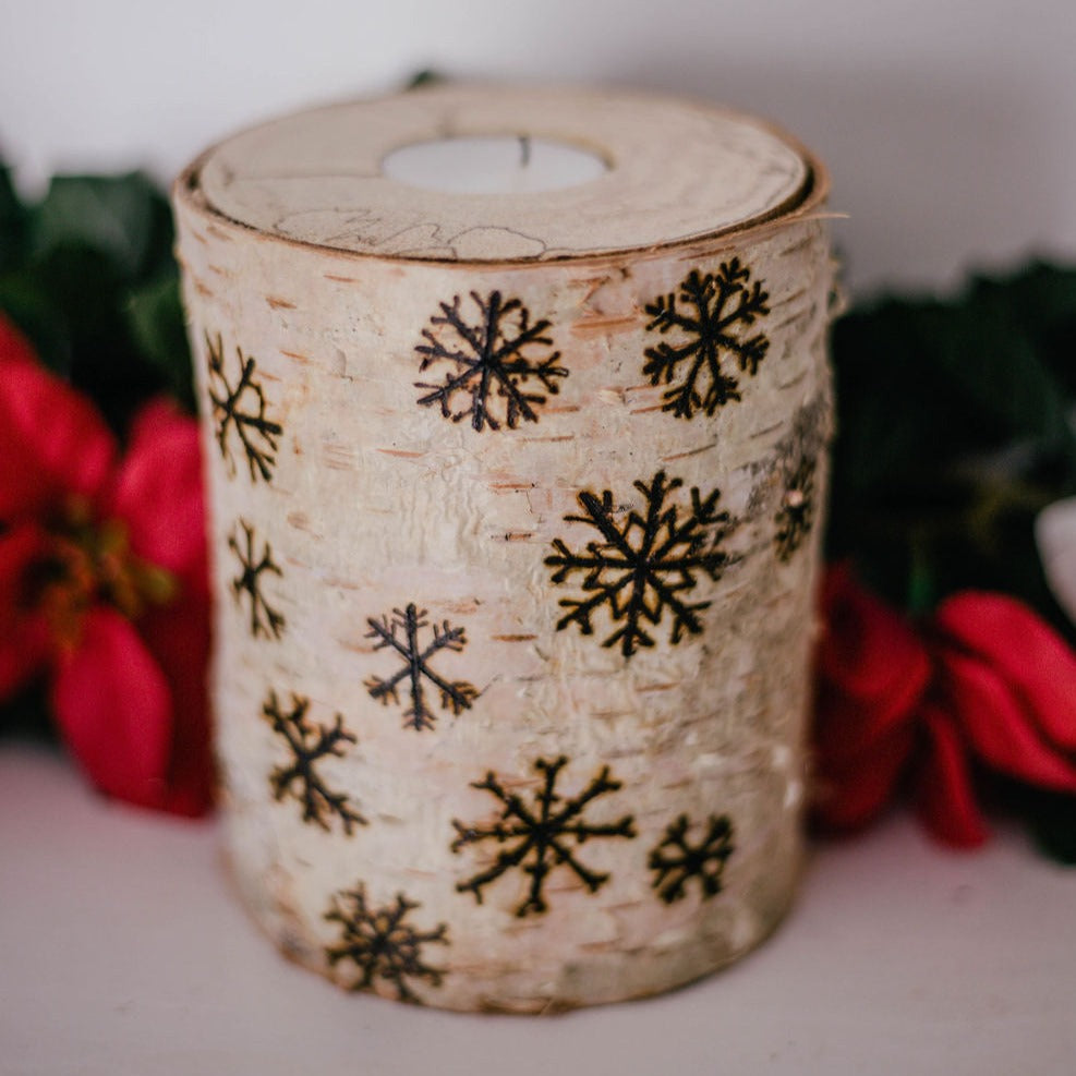 Snowflake Holiday Birch Wood Candle