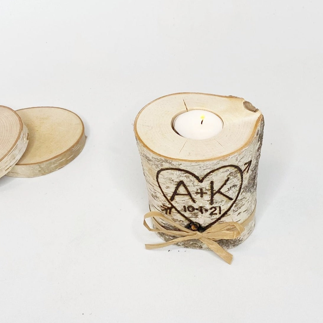 Personalized Birch Wood Candle Holder with Initials and Date in Heart