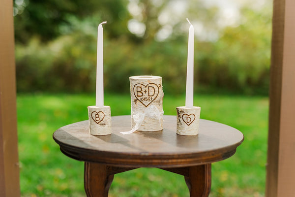 Birch Unity Candle Set on table with Wedding Cake