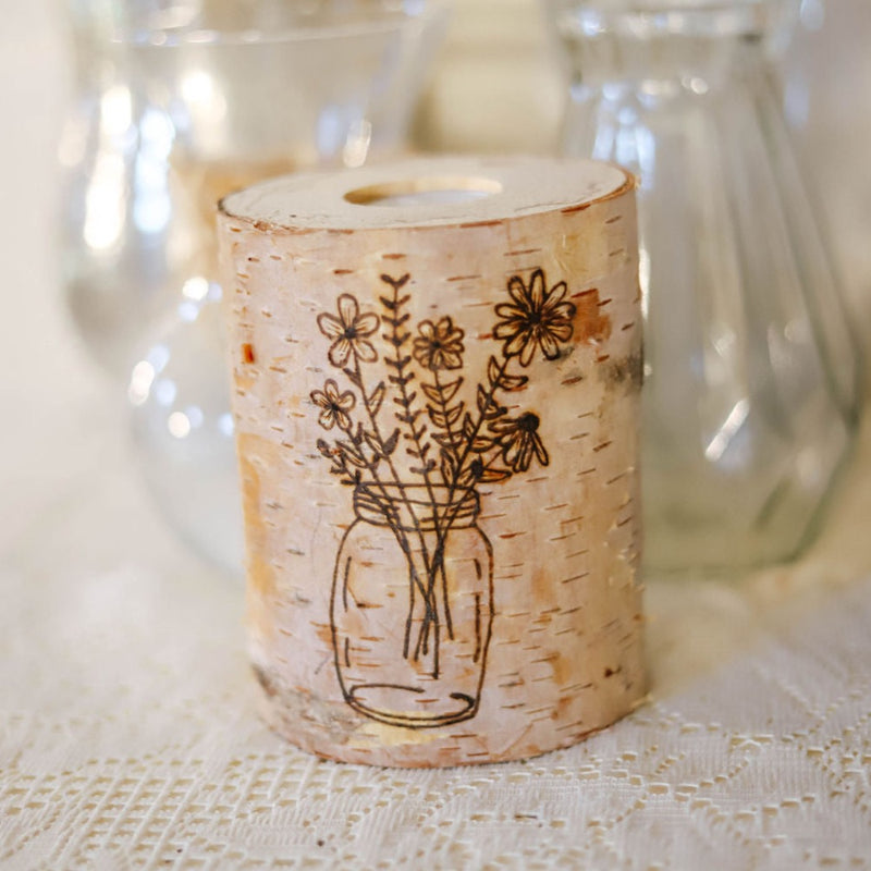 Handcrafted All Natural Birch Wood Candle - Mason Jar of Flowers