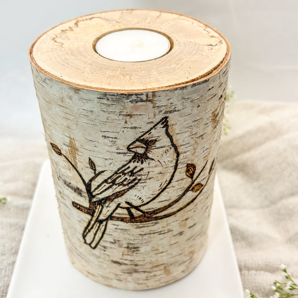 Handcrafted All Natural Birch Wood Memorial Candle - Cardinal