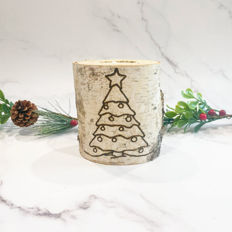 Handcrafted All Natural Birch Wood Decorative Holiday Candle - Christmas Tree
