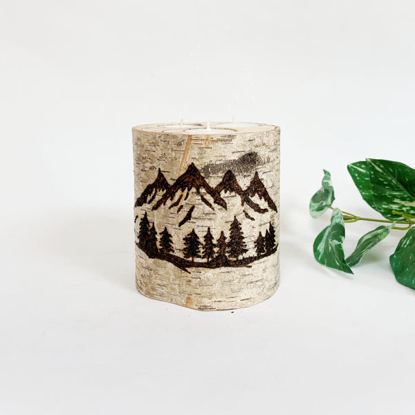 Mountain Scene Birch Wood Candle