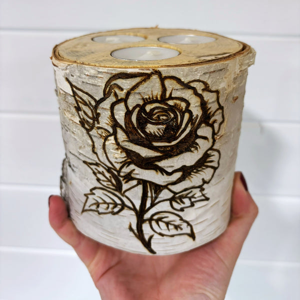 Handcrafted XL Birch Wood Candle Holder - Rose
