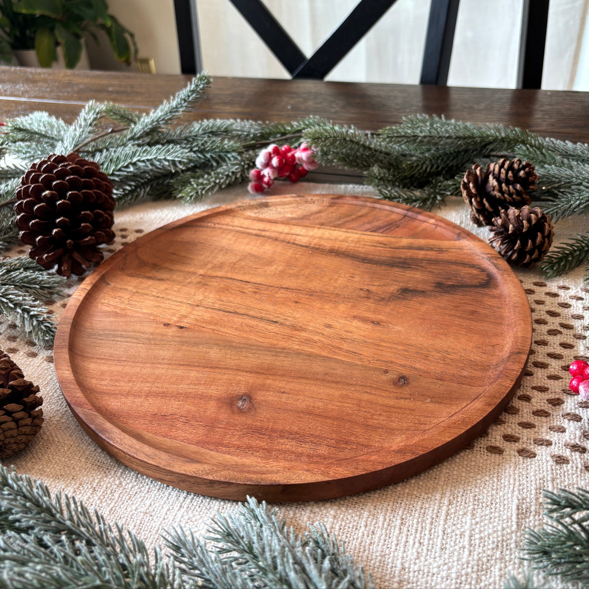 12" round wooden display tray for rustic advent wreath