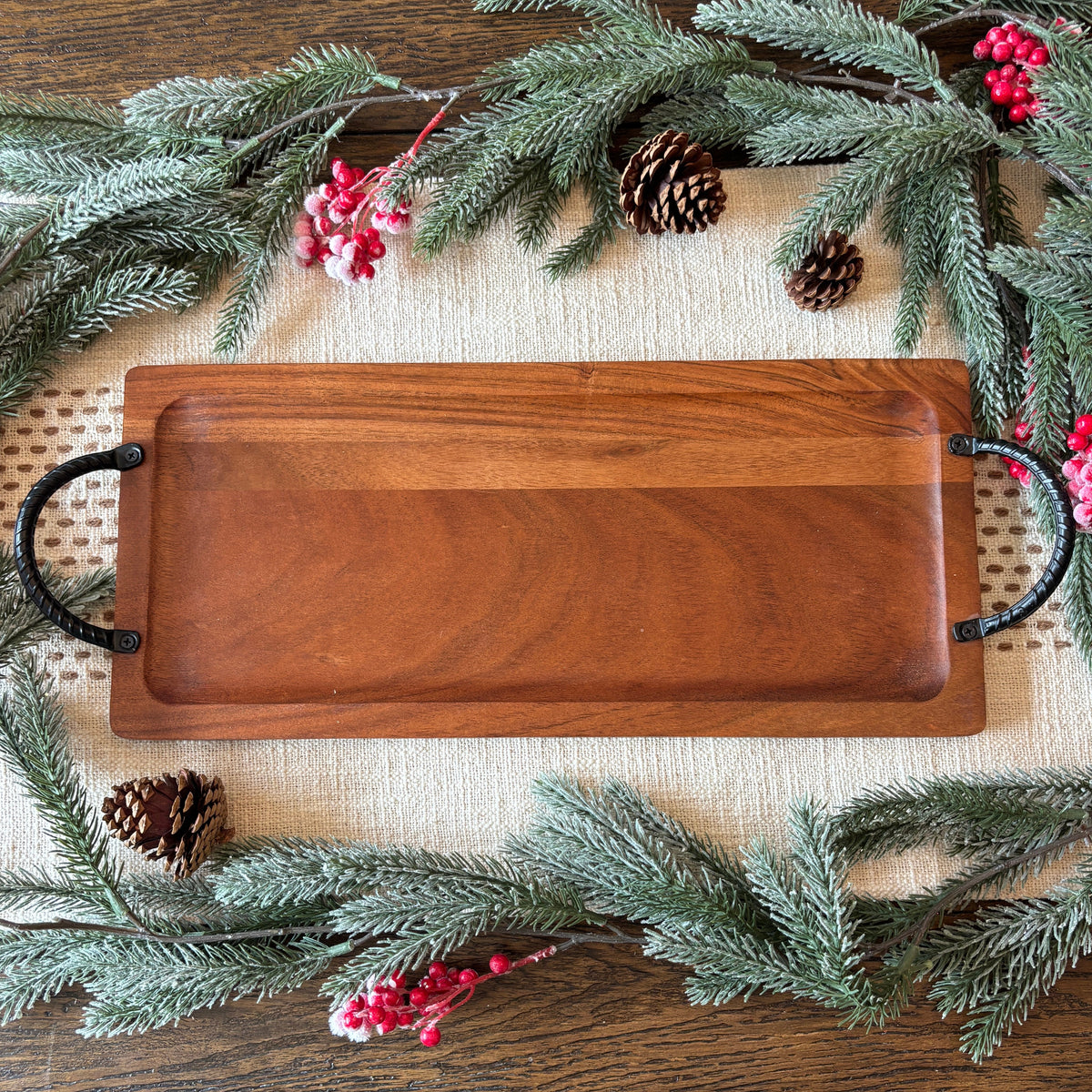 rectangle wooden tray on dining table for advent wreath display 