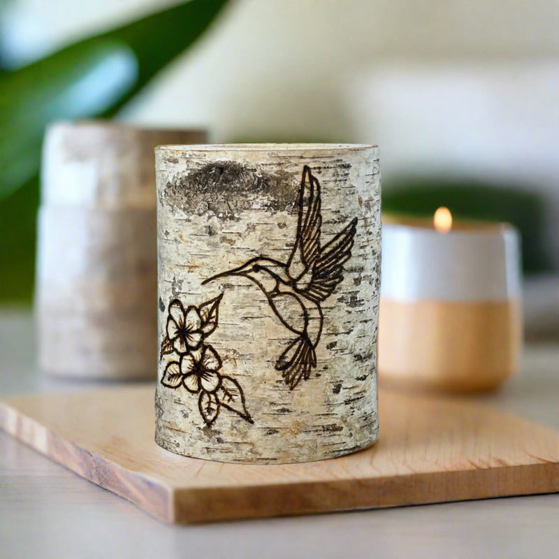 Handcrafted All Natural Birch Wood Candle - Hummingbird & Flowers