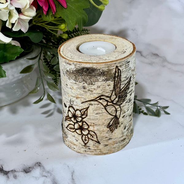 Handcrafted All Natural Birch Wood Candle - Hummingbird & Flowers
