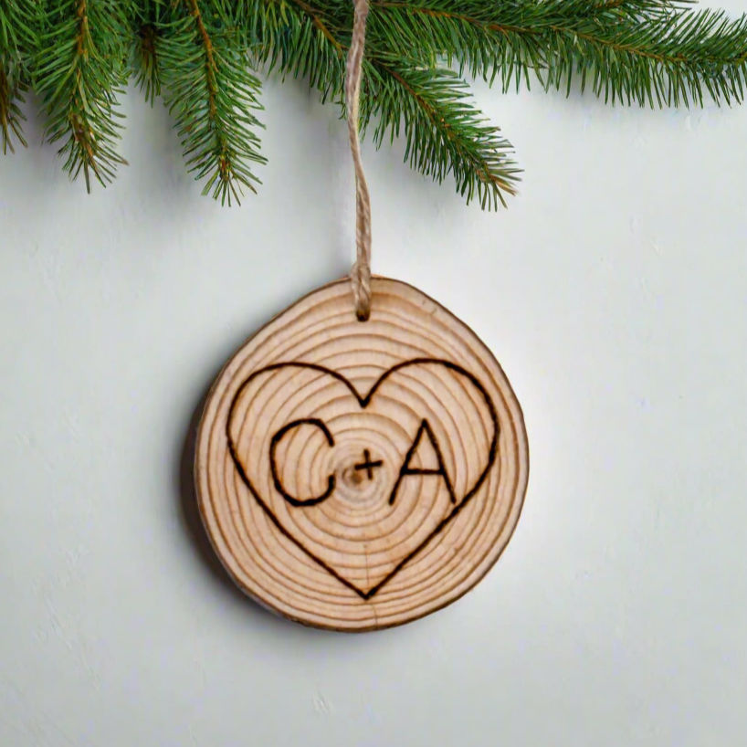 Personalized Wood Slice Ornament - Initials in Heart