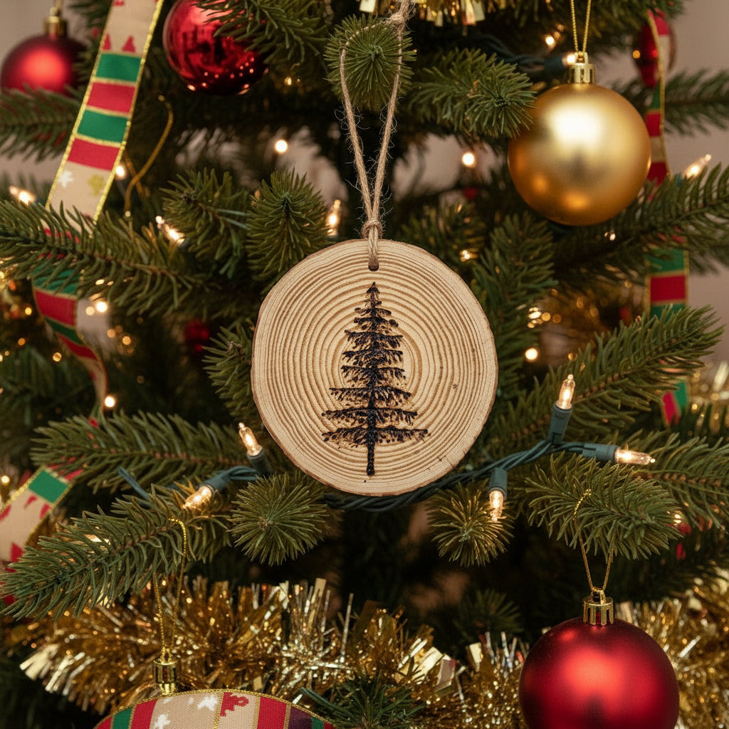 Wooden ornament with tree engraving on a white background