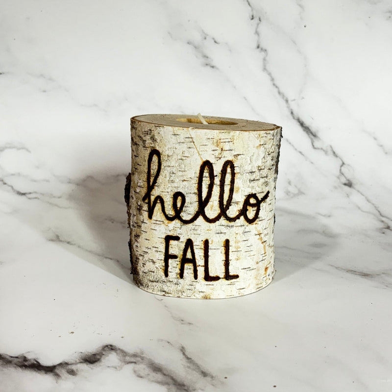 birch wood tea light candle holder hand burned with hello fall