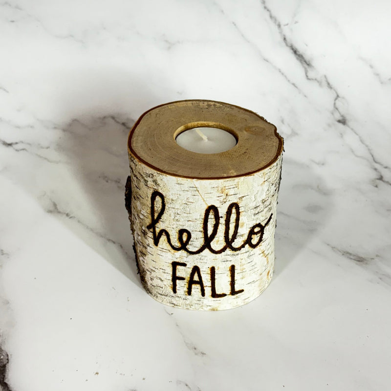 hello fall rustic birch wood candle fall decoration