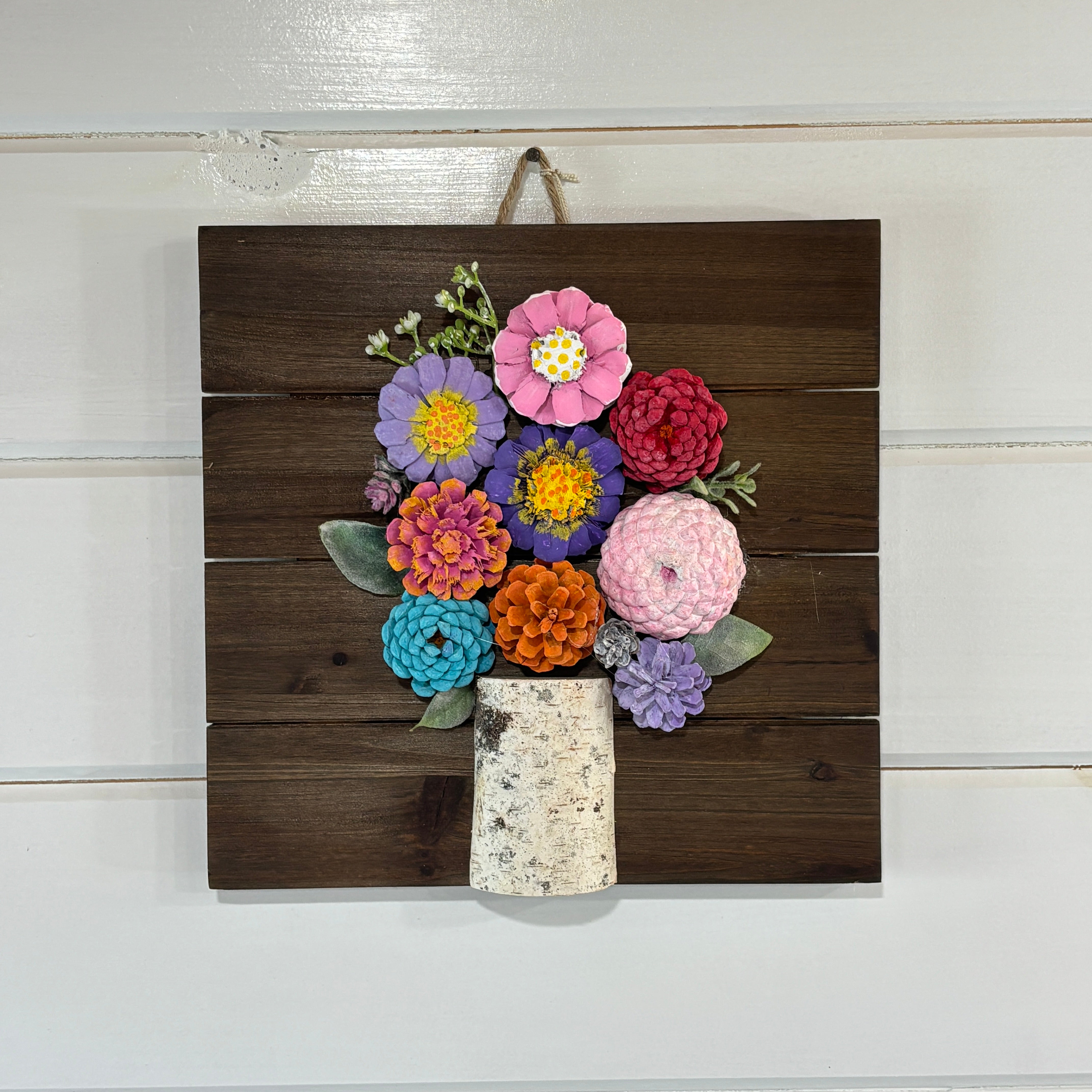 Nature-Inspired Flower Wall Art – Pinecone and Birch Handmade Piece