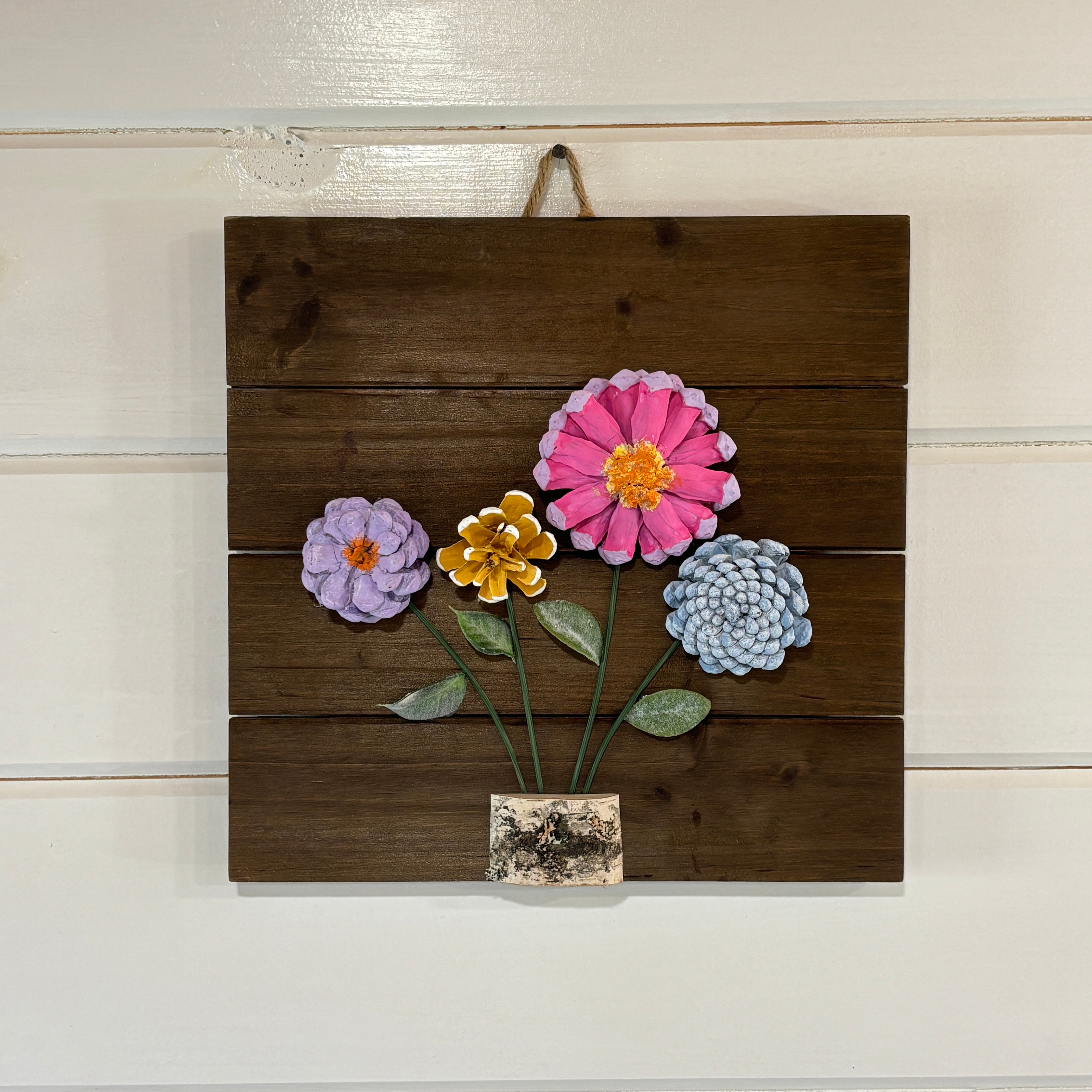 Nature-Inspired Flower Wall Art – Pinecone and Birch Handmade Piece