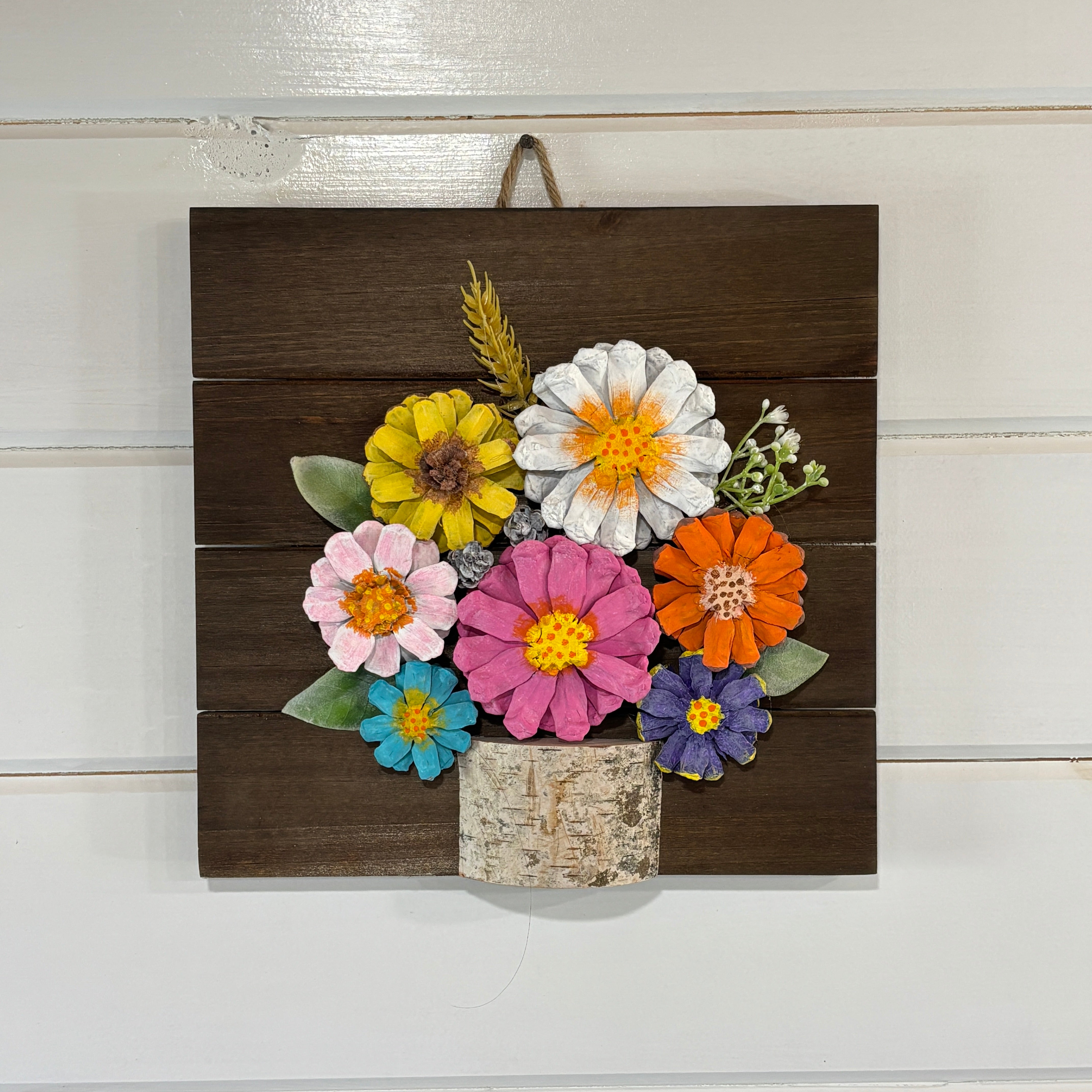 Nature-Inspired Flower Wall Art – Pinecone and Birch Handmade Piece