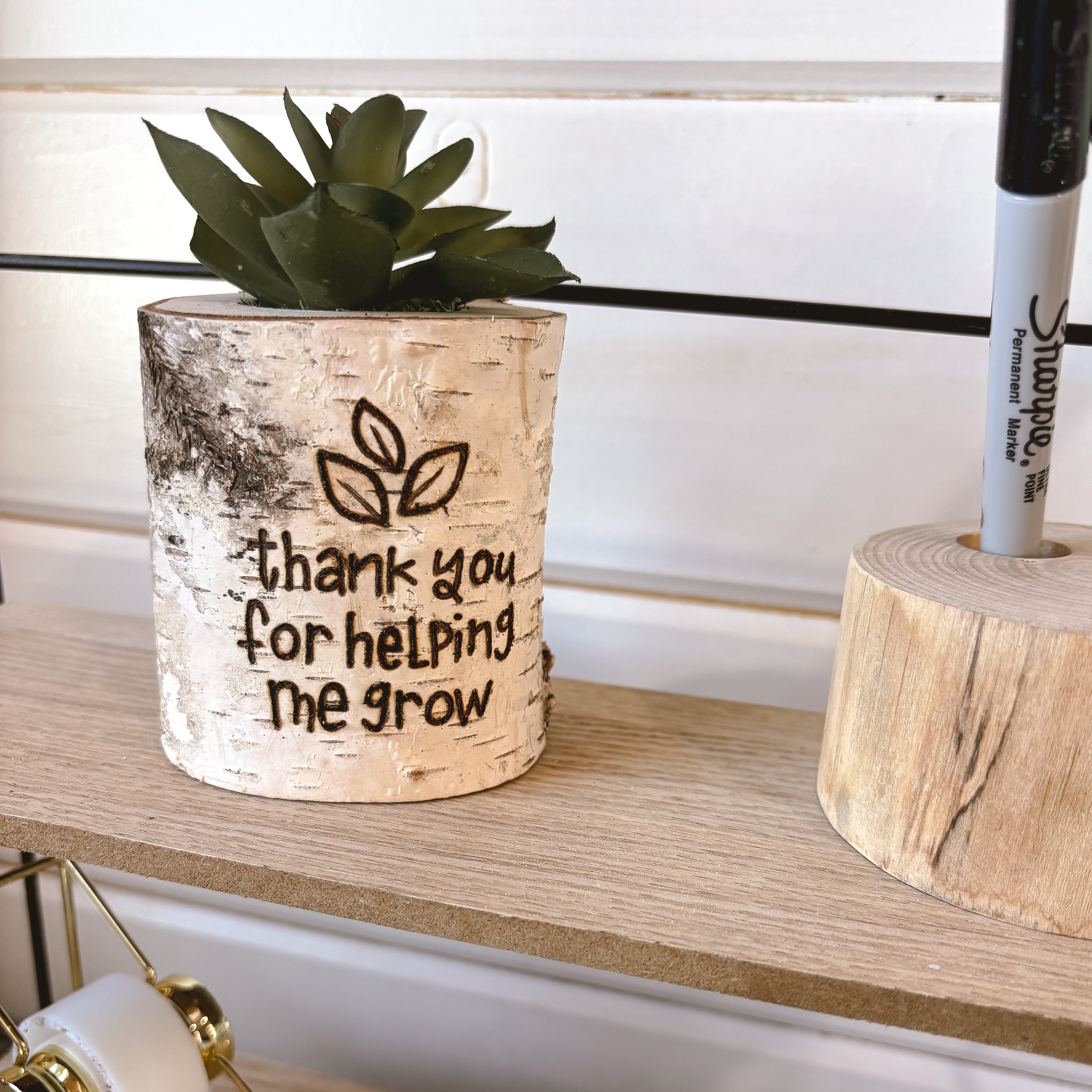 Decorative pot with a plant and engraved message on a wooden shelf gift for teachers
