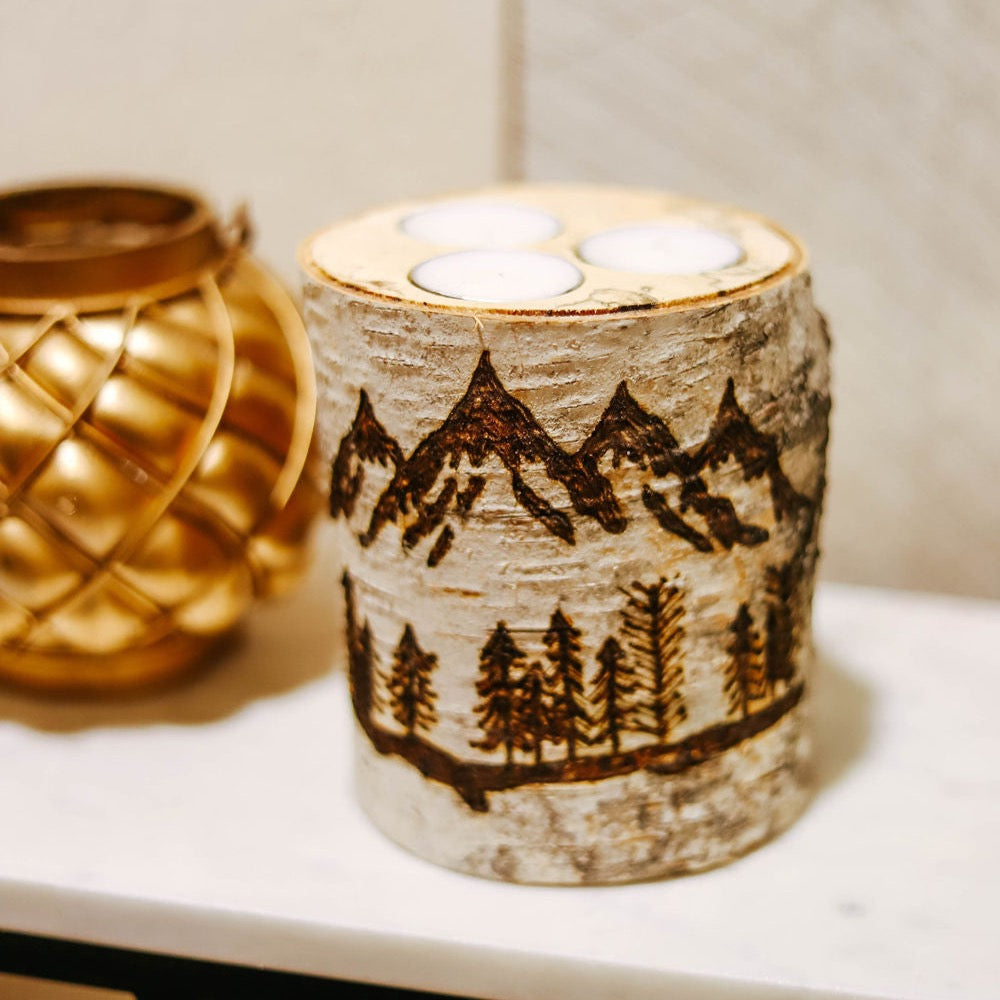 Handcrafted Birch Wood Candle Holder - XL Mountain Scenery