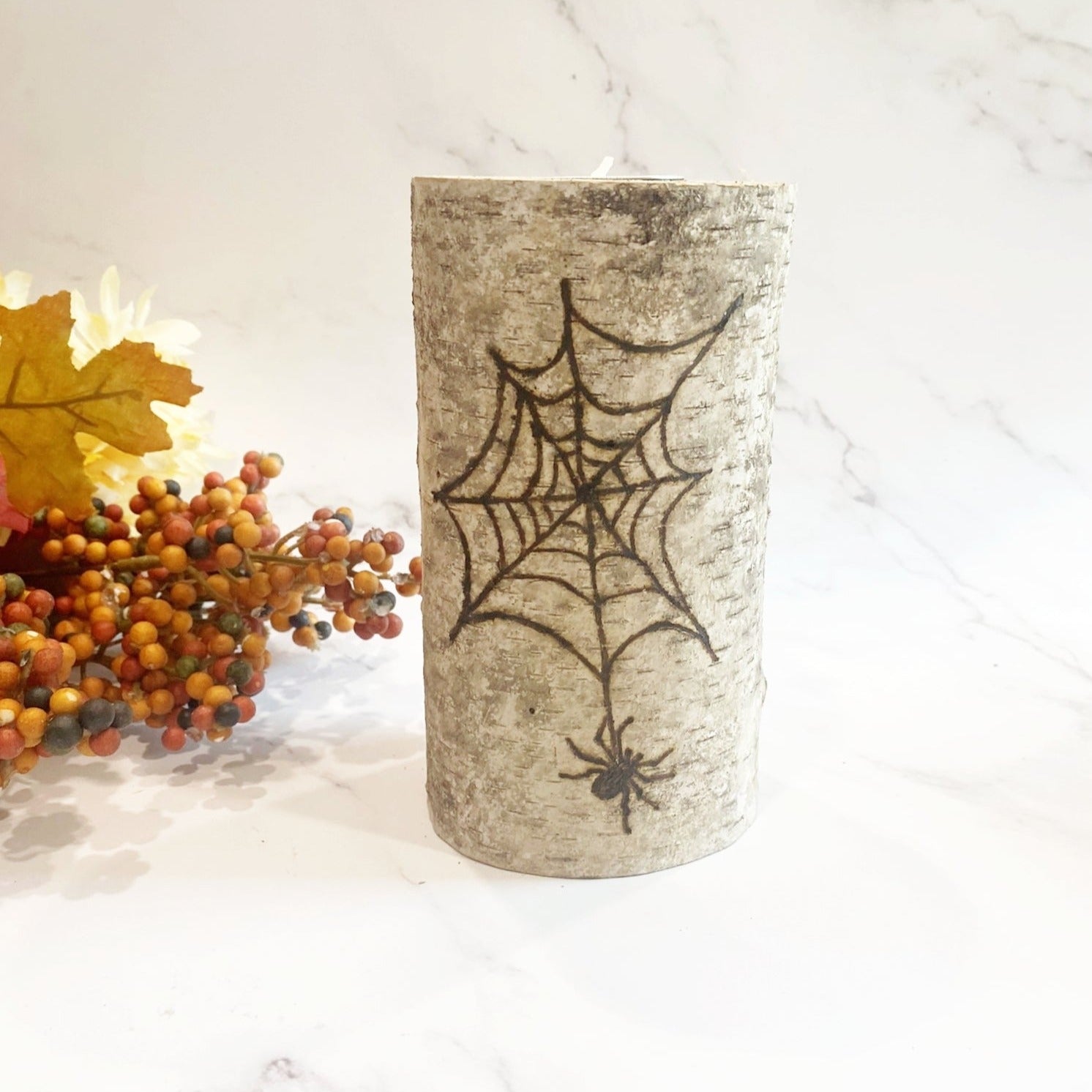 Handcrafted All Natural Birch Wood Candle - Spooky Spider Web