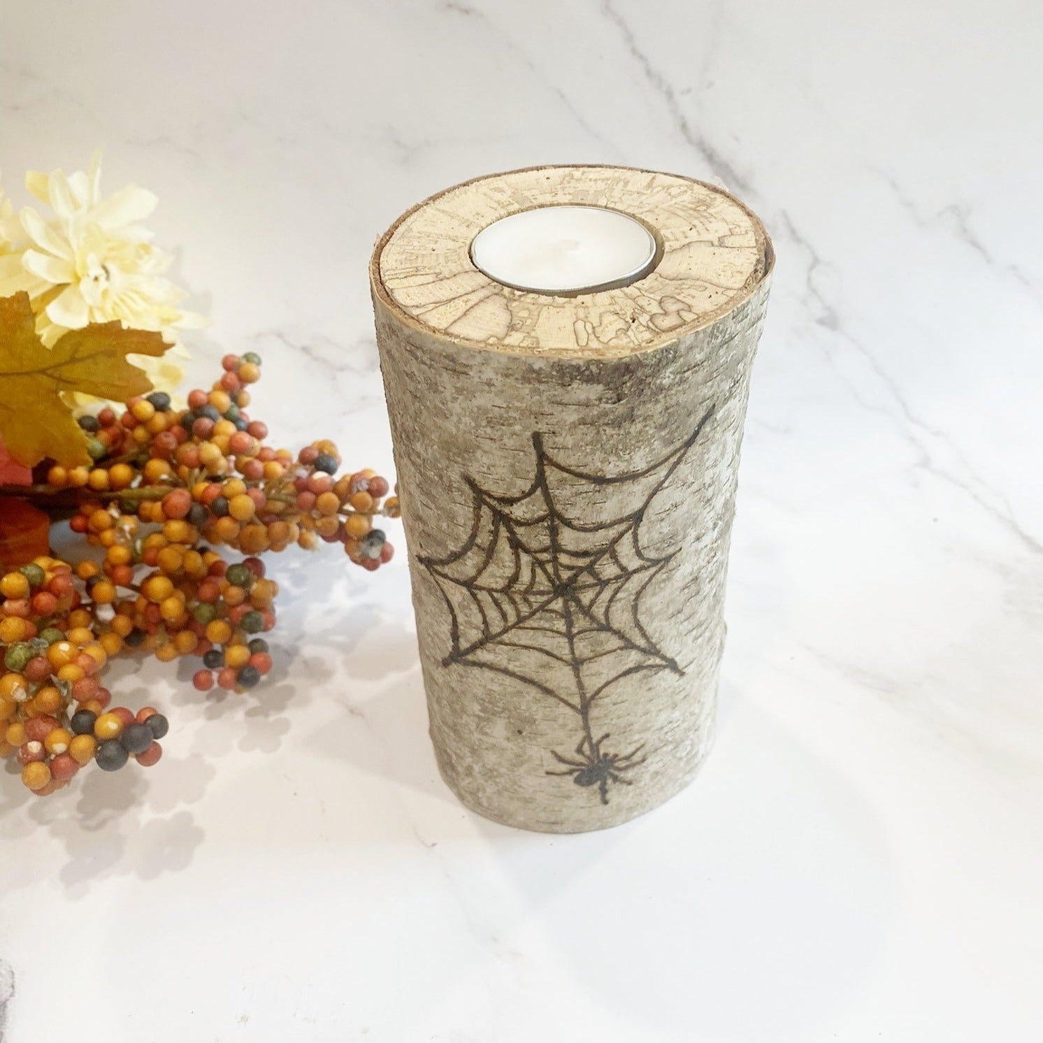 Handcrafted All Natural Birch Wood Candle - Spooky Spider Web