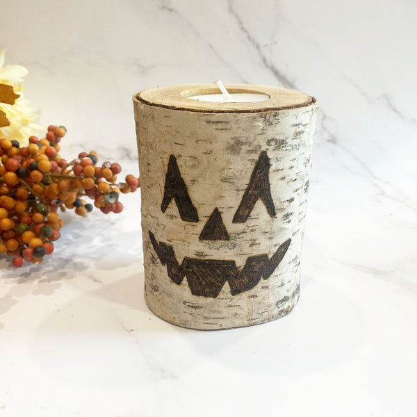 Handcrafted All Natural Birch Wood Candle - Jack O Lantern