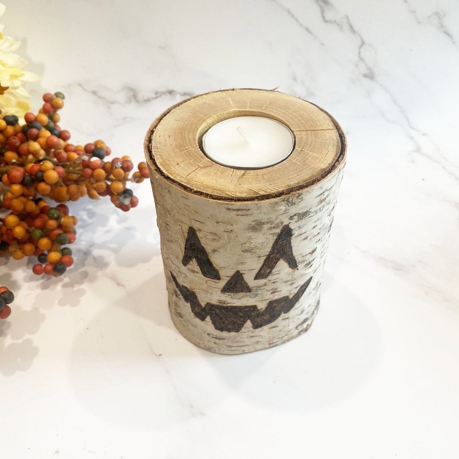 Handcrafted All Natural Birch Wood Candle - Jack O Lantern