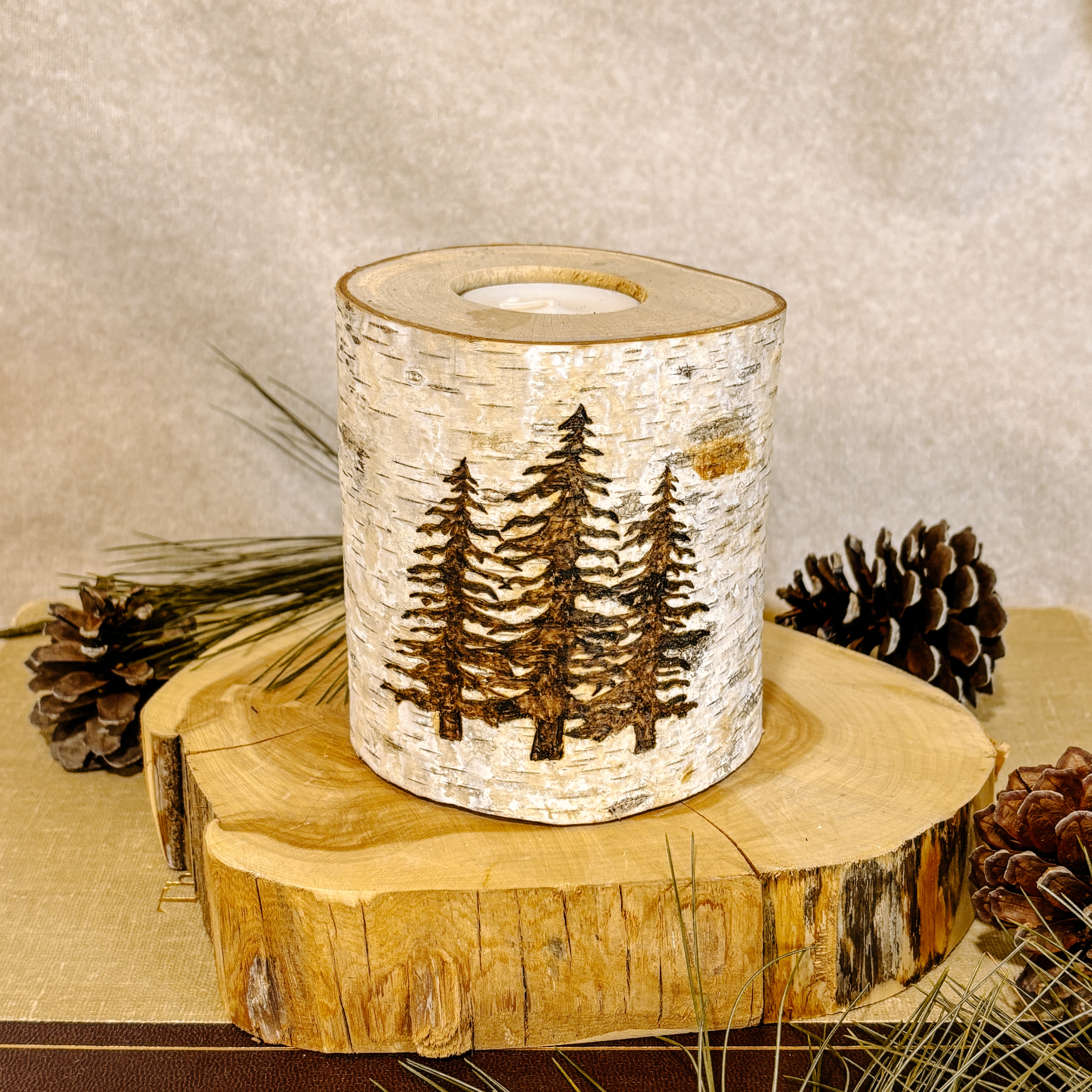 Handcrafted All Natural Birch Wood Candle - Pine Trees