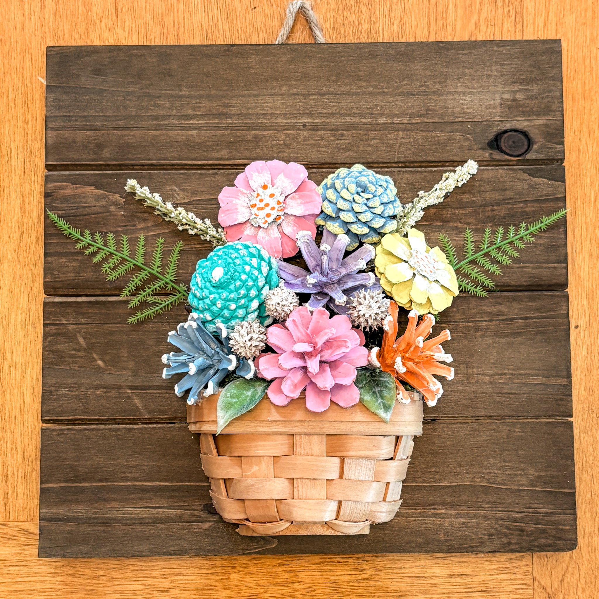 Nature-Inspired Flower Wall Art – Pinecone and Birch Handmade Piece