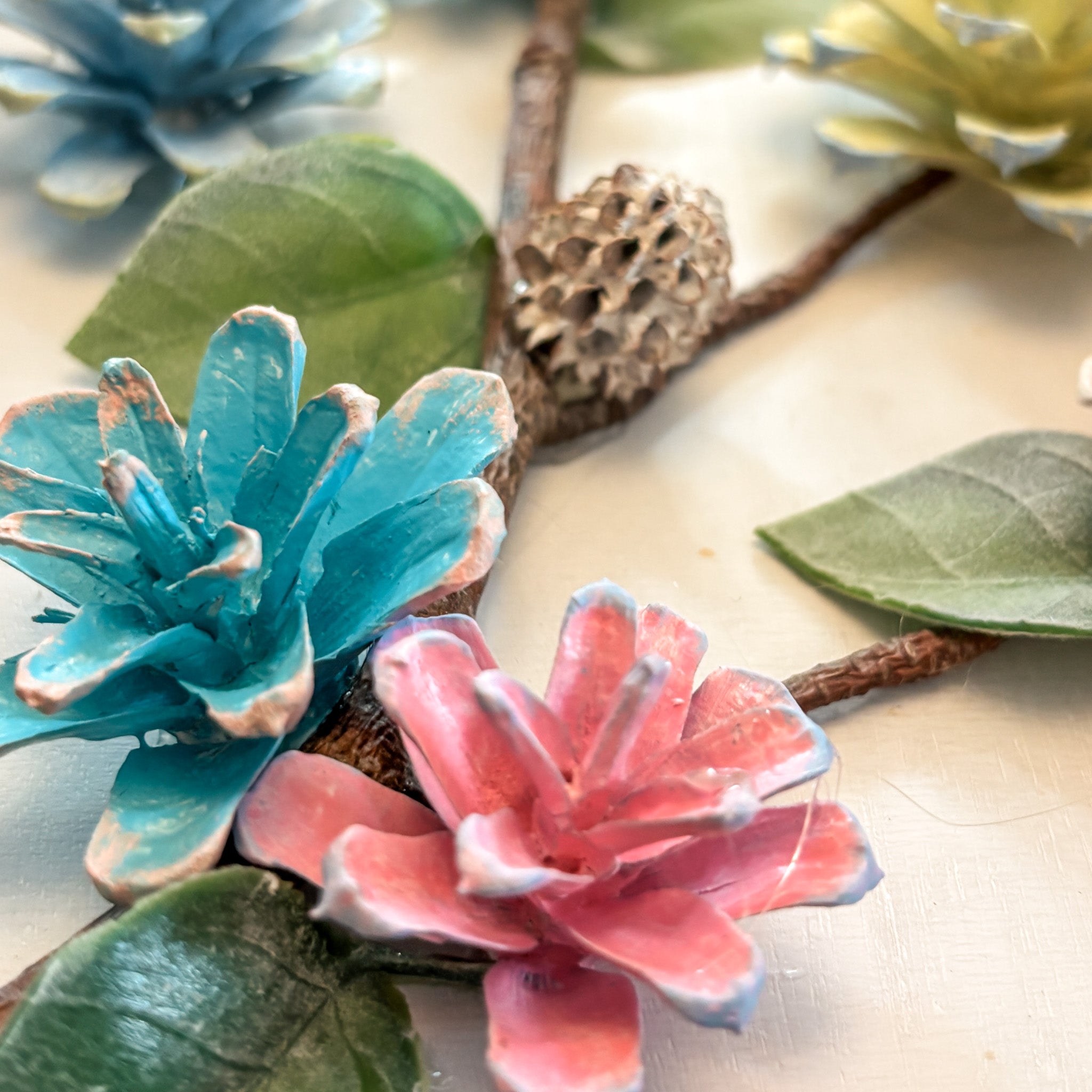 Nature-Inspired Flower Wall Art – Pinecone and Birch Handmade Piece