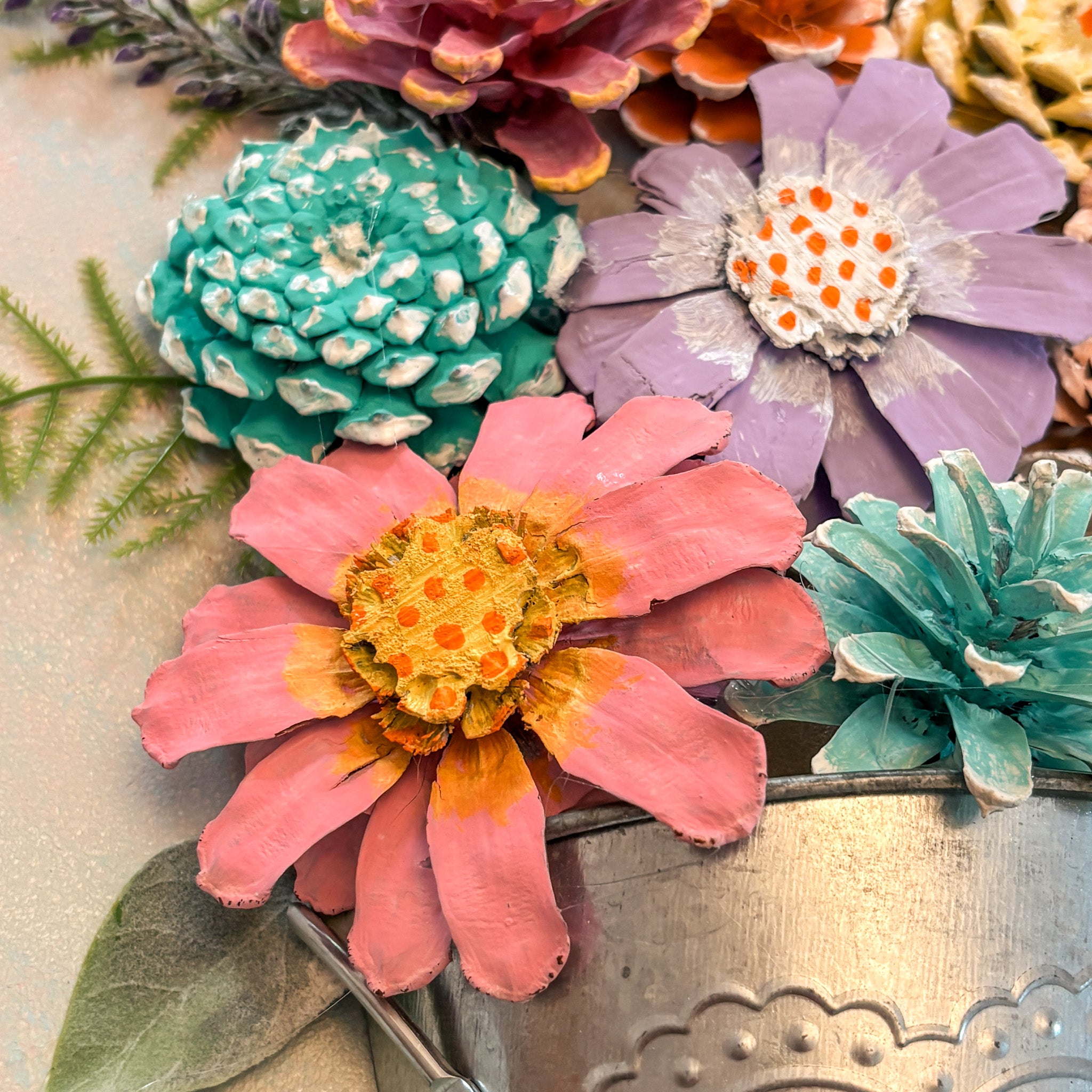 Nature-Inspired Flower Wall Art – Pinecone and Birch Handmade Piece