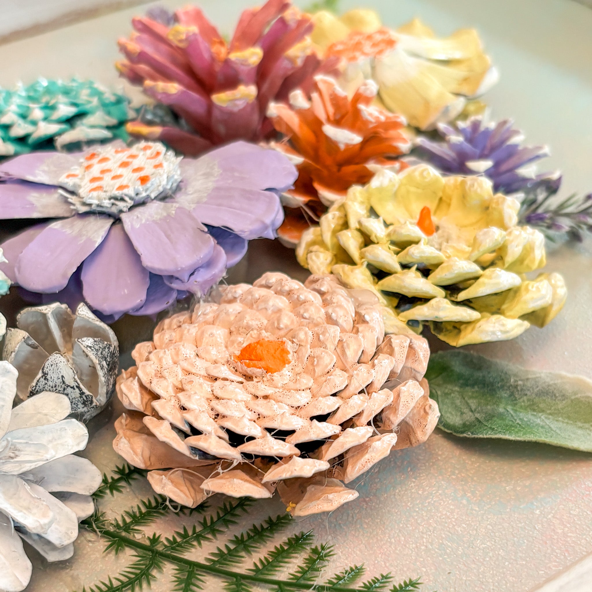 Nature-Inspired Flower Wall Art – Pinecone and Birch Handmade Piece