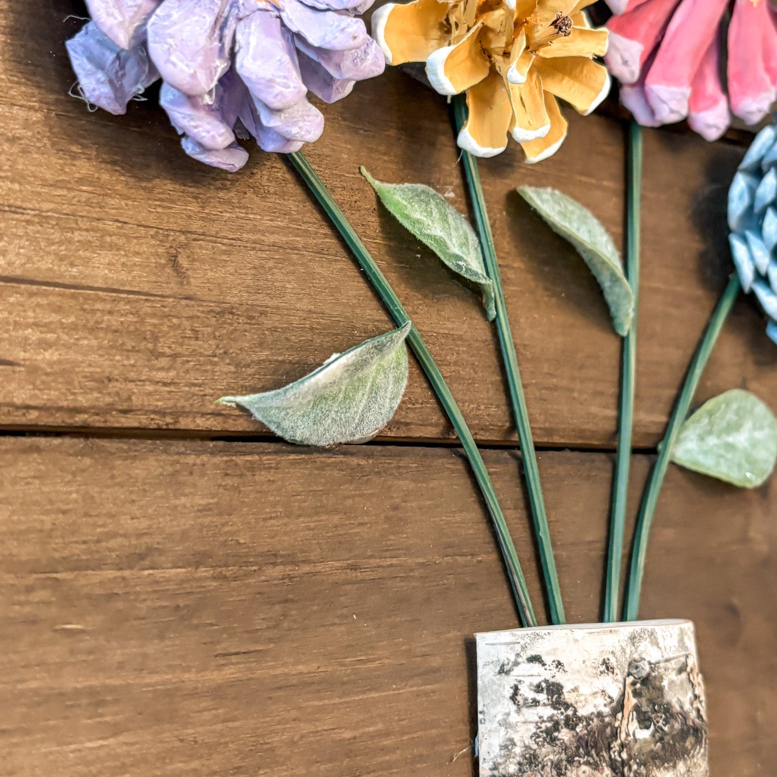 Nature-Inspired Flower Wall Art – Pinecone and Birch Handmade Piece